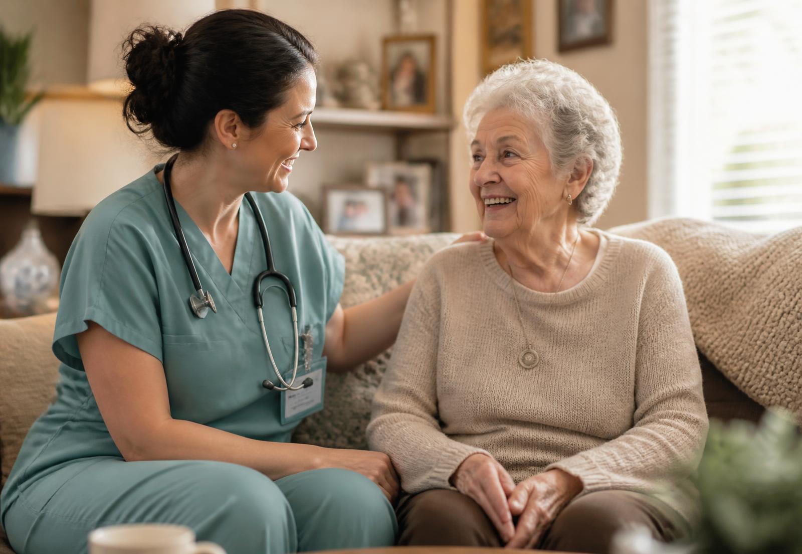 A UHHCA nurse sitting and talking with a smiling older woman in her living room